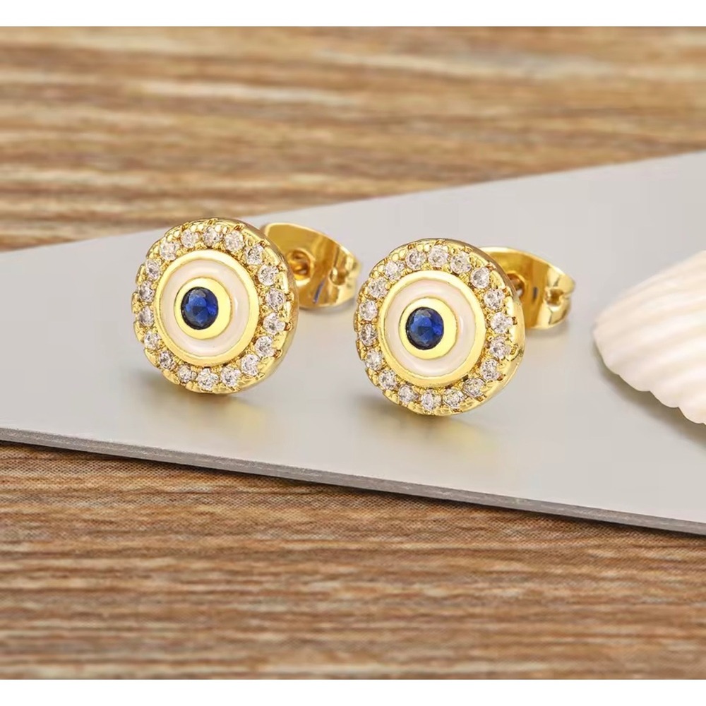 Evil Eye Stud Earrings 14k Gold plated 925 Silver Cubic Zirconia Halo Round